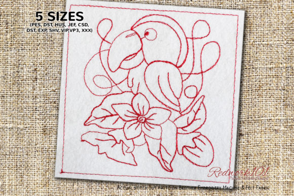 Beautiful Parrot with Flowers Redwork