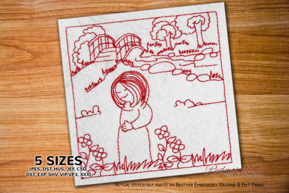 Girl Looking Flowers Redwork